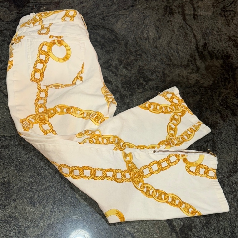 CELINE White and Gold Chain Print Women's CAPRI Jeans - Picture 9 of 16